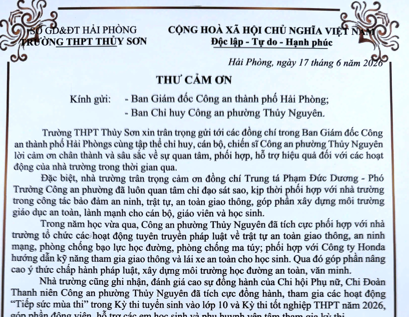 Trường THPT Thủy Sơn gửi thư cảm ơn Công an thành phố Hải Phòng và Công an phường Thủy Nguyên